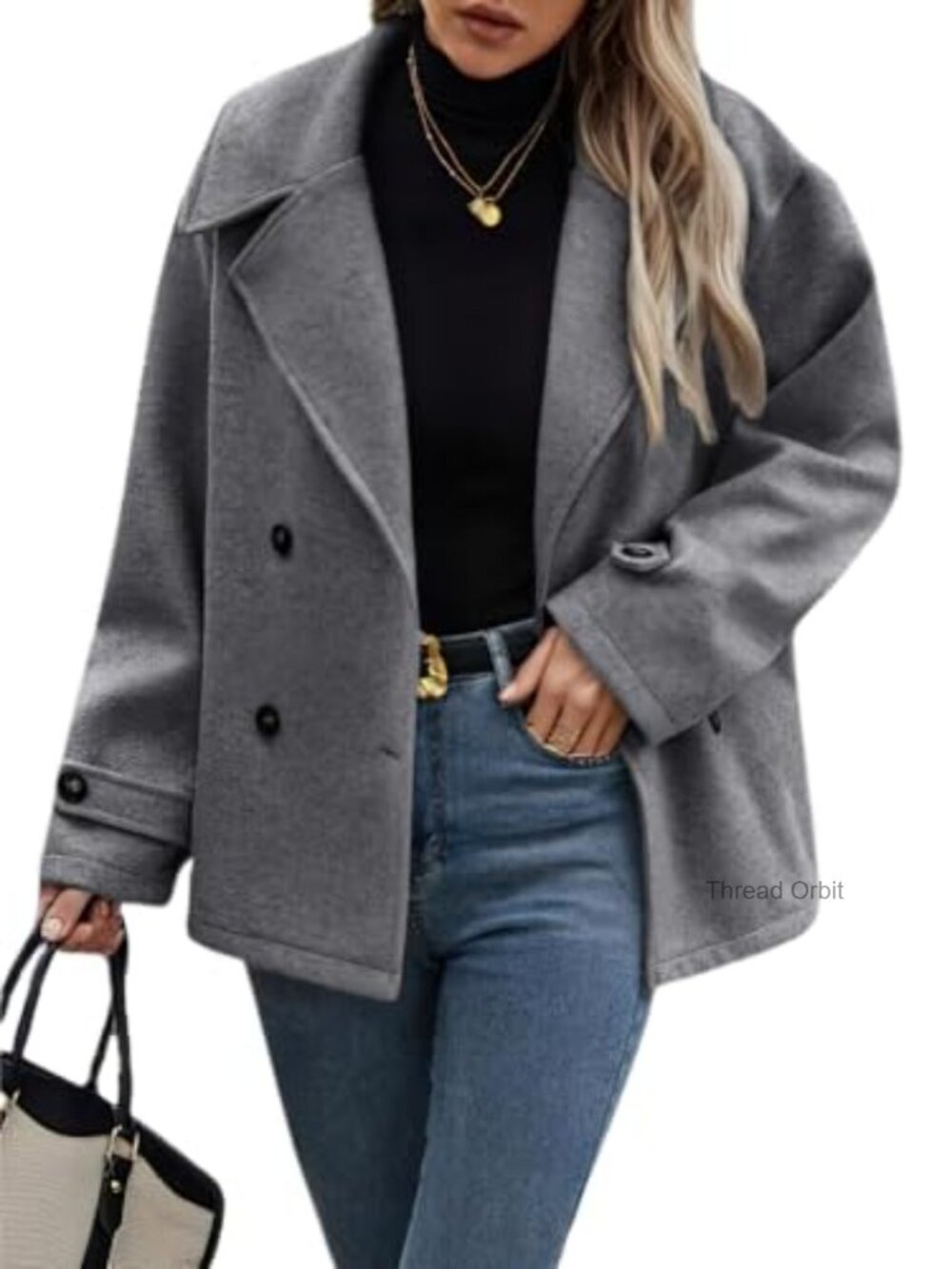 Womens Cropped Wool Blend Pea Coat Button Down Notch Collar Loose Fit Winter